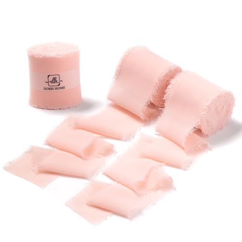 DORIS HOME Blush Pink Chiffon Ribbon for Flower Bouquet, 2" x21Yd Fabric Ribbon for Gift Wrapping, Handmade Frayed Ribbon for Wedding/Christmas Decorations
