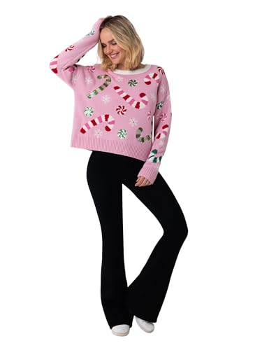 Blizzard Bay Women's Crew Neck, Long Sleeve, Ugly Christmas Sweater, Tossed Candy Cane-Pink, M