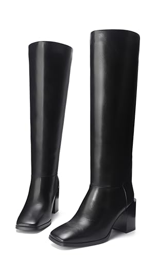 Women's Knee High Boots Chunky Heel Square Toe Side Zipper Tubular Leg Soft Lichee PU Leather Classic Fashion Dress Long Boots3