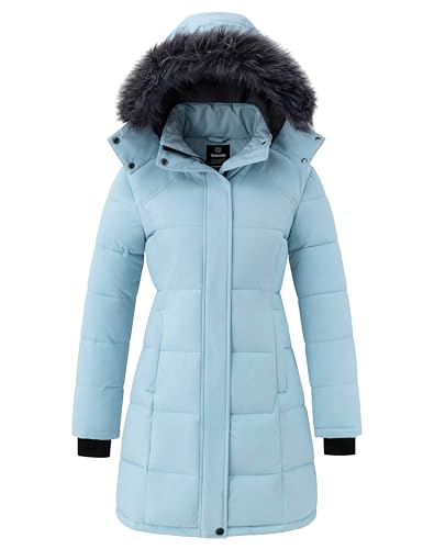 wantdo Women's Long Quilted Winter Coat Snow Jacket with Faux Fur Hood Light Blue L