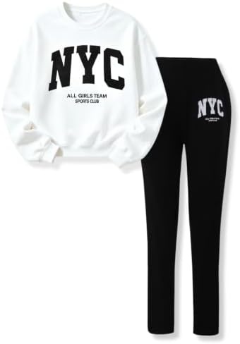 LOVYKIDIDO Size 13 14 Years Girls Outfits Fall Letter Printed Long Sleeve Shirts Top and Pants Set Girl 2 Piece Clothes (Light Gr 13-14Y)