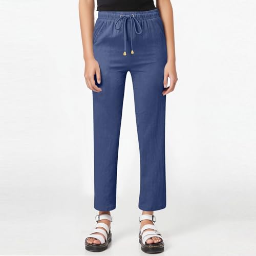 Cotton Linen Pants Women Elastic Waist Pull On Dress Pants Straight Leg Summer Boho Flowy Beach Pants with Pockets2