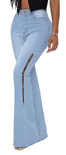 CHARTOU Women High Waisted Cutout Becket Flare Jeans Denim Palazzo Pants Wide Leg Jeans
