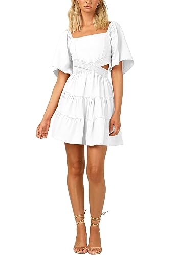 Image of OWNGIGI Women's Summer Dresses Square Neck Short Sleeve Cutout Crossover Elastic Waist Casual Party A-Line Mini Dress