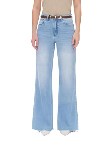 BlueMoment High Waist Stretchy Wide Leg Jeans for Women Basic Straight Denim Pants Raw Hem Underwear Trouser