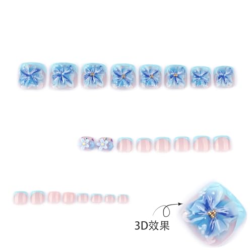 Image of Blue 3D Flower Press on Toenails Short Square Fake Toe Nails with Floral Design Glossy Full Cover Light Blue French Tip Stick on Toenails for Women Spring Manicure 24Pcs