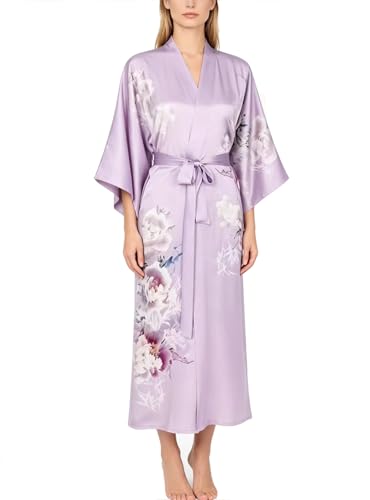 Image of Women's Classic 100% Silk Kimono Robe, Bathrobe-Printed Pattern