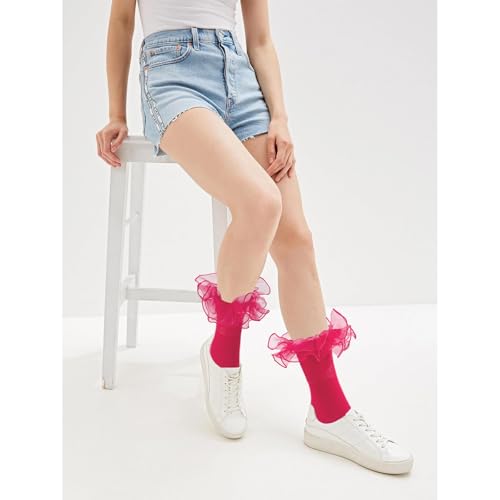Image of Women Big Ruffle Ankle Socks Adult Double Lace Frilly Turn Cuff Dress Socks Cotton Cute Fancy Bobby Crew Socks