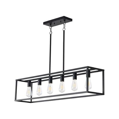 FOVICY Black Farmhouse Kitchen Island Lighting, Modern Industrial Chandelier, 6-Light E26 Linear Rectangular Hanging Light Fixture for Living Dining Room Bedroom Kitchen Island