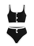 Verdusa High Waisted Bikini Sets for Women Modest Bikini 2 Piece Wireless Tops and Panty Beach Vacation Clothes Black and White Small