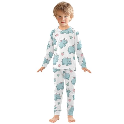Pajama Sets Long Sleeve Cute Blue Rhino Pattern Soft Comfy Sleepwear 2 Piece PJS 3-8T2
