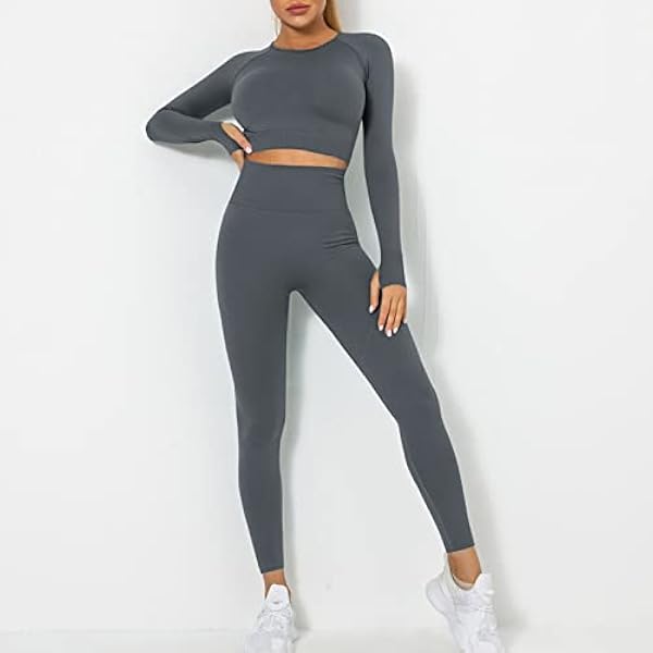 OEAK - Tuta sportiva da donna, per jogging, sport, leggings e crop top, 2 pezzi, set, per yoga, abbigliamento per il tempo libero, grigio scuro, L