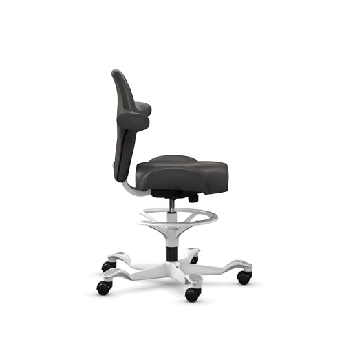 Image of HAG Capisco Sit to Stand Chair-White Frame-Upholstered Gray Ash Vinyl-with Foot Ring