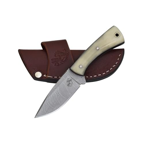 Knives Ranch Fixed Blade Hunting Knife – Full Tang EDC Damascus Skinning Blade – Bone Handle With Heavy Duty Horizontal Carry Sheath Snug Fit (4402-B)