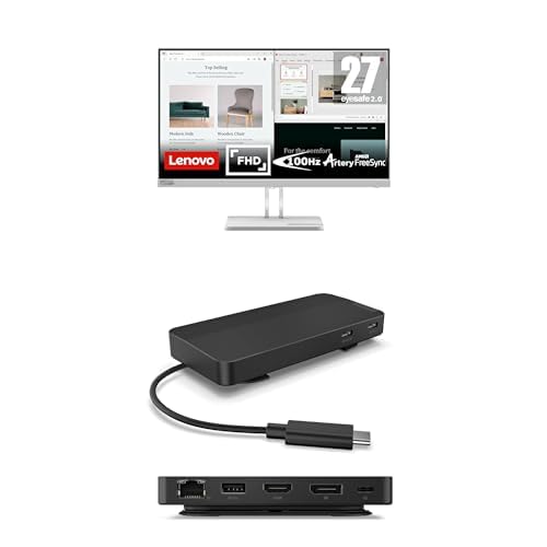 Lenovo 27" FHD Monitor and USB-C Dual 4K Display Travel Dock with 100W Power Delivery