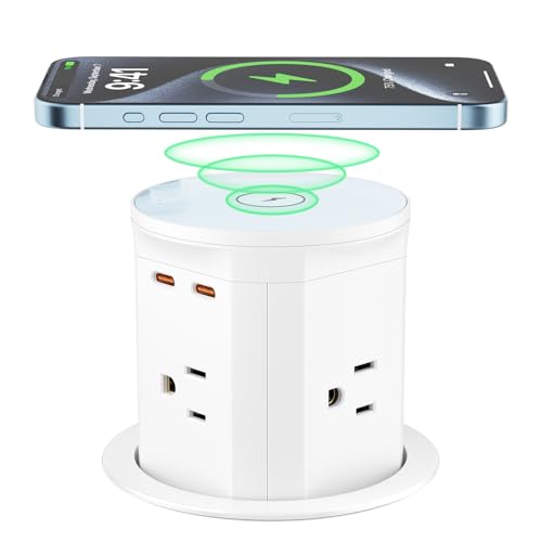 Image of QBA Pop Up Countertop Outlet with 20W USB-C, 15W Wireless Charger, Desk Charging Station with 4 Outlets 3 USB Ports, 3 3/8 Hole Desktop Power Grommet for Home Office (White)