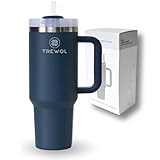 TREWOL Vaso Térmico con Asa y Pajita 1200ml – Acero Inoxidable – Mantiene Bebidas Frías 24h y Heladas 48h – Compatible con Portavasos de Coche – Tapa Antiderrame (Azul oscuro)