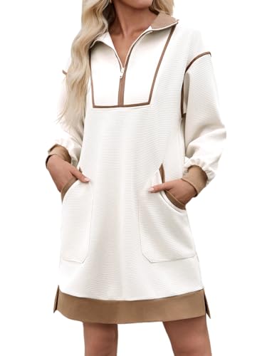 Image of Wenrine Womens Half Zip Sweatshirt Dress Fall V Neck Contrast Mini Dresses