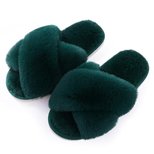 Evshine Women's Fuzzy Slippers Cross Band Soft Plush Open Toe House Slippers Anti-Skid Cozy Memory Foam Slip on Indoor or Outdoor Slippers for Women Green, 38/39 EU