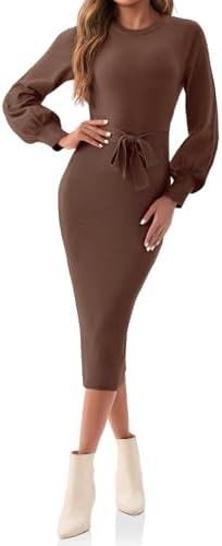 Saodimallsu Womens Long Puff Sleeve Sweater Dress Crew Neck Bodycon Ribbed Knit Fall Midi Dresses with Belt