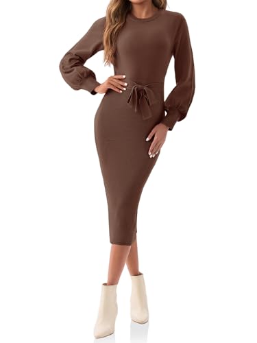 Saodimallsu Womens Long Puff Sleeve Sweater Dress Crew Neck Bodycon Ribbed Knit Fall Midi Dresses with Belt