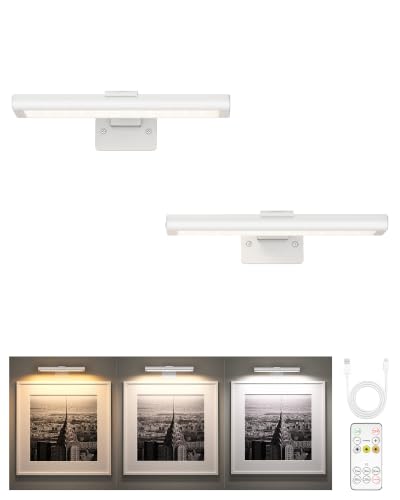 EZVALO Picture Light for Wall, Rechargeable 2400mAh Lights Wireless with IR Remote, 3 Color & Dimmable Magnetic 7.87'' LED Lights Display for Painting, Living Room, Gallery, Bedroom Art(White-2P)