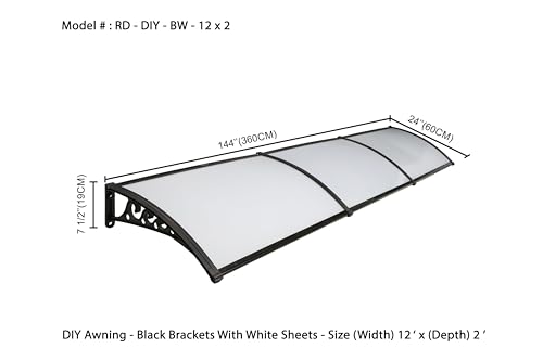 Image of CHENNAI Window Blinds and Shades DIY Polycarbonate Awning (Engineered Plastic Brackets) Window Sunshade Door Weather Shed Rain Canopy Awnings - 12'Widthx2'Depth (Black Brackets & White Sheets)