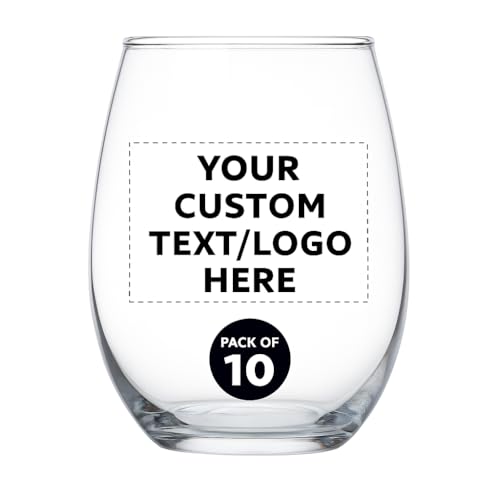 Custom Stemless Wine Glass 9 oz. Set of 10, Personalized Bulk Pack - Great for Wedding Favors...