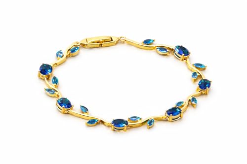 Image of VIEN 18k Gold Plated Vine Leaf Bracelet for Women, Blue Sapphire Crystal Marquise Cut Link Bracelet, Adjustable Nature-Inspired Floral Jewelry for Weddings, Anniversaries, and Special Occasions