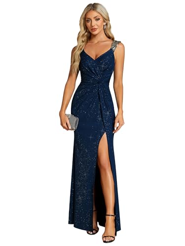 Ever-Pretty Women's V Neck Stretchy Glitter Bodycon Ball Gowns Sleeveless High Split Formal Evening Dresses Navy Blue US12