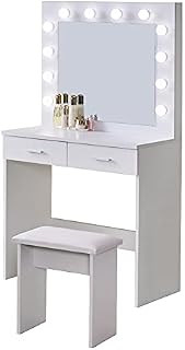 OFCASA White Dressing Table with Hollywood LED Lights Mirror and Stool 2 Drawers Girls Makeup Desk with Storage for Bedroom