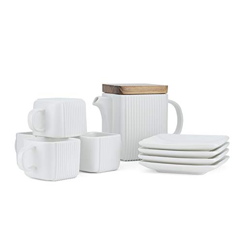 Taimei Teatime Porcelain Tea Set, Tea Cup(4 OZ) with Saucer in Set of 4 & 1 Teapot(23 OZ) with infuser basket for Steeping Loose Leaf Tea, Elegant White Ceramic Tea Sets