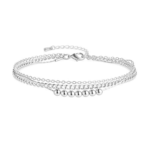 Image of Kovonchy Ankle Bracelets for Women Sterling Silver Waterproof Multi Round Beads Dainty Layered Beach Summer Anklet Jewelry
