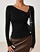 ZESICA Women's Long Sleeve Asymmetrical Neck Ruched Slim Fit Shirts 2026 Fall Fashion Casual Tee Going Out Tops,Black,Small
