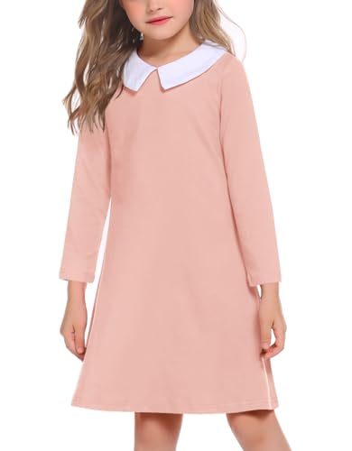 Image of Arshiner Girls Long Sleeve Vintage Peter Pan Collar T-Shirt Dress Age 4-13 Years