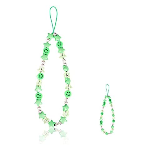 Phone Charm Lanyard, 1Pcs Smiley Face Beaded Phone Charm Strap Colorful Star Smiley Soft Ceramic Keychain for Women Girls (Green) Cover