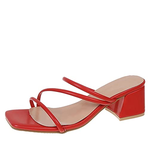 Sandales rouges femmes talons carrés bas au design épuré