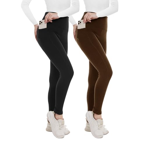 2 Pack Fleece Lined Leggings for Women - Thermal Winter Warm Tights Tummy Control High Waisted Workout Yoga Pants Two Pockets Small-Medium 3# Fleece Lined Black/Brown, 2packs