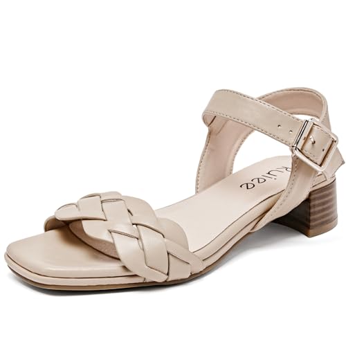 Women's Heels Chunky Heeled Sandals for Women, Summer Block Low Heels Ankle Strappy Square Open Toe Dressy Wedding Womens Sandals. 8.5 Tan 087