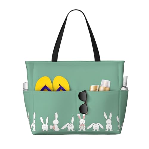 Large Capacity Beach Bag Waterproof Pool Tote for Gym Swimming Camping Carry On Bag Easter Bunny Print