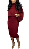 Women's Knitted 2 Piece Outifts Set Long Sleeve Turtleneck Sweaters and Tank Midi Dresses