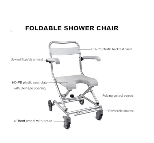 Składane krzesło prysznicowe, lekkie, aluminiowe siedzisko kąpielowe z kółkami i podłokietnikami, antypoślizgowa ergonomiczna konstrukcja dla osób starszych i niepełnosprawnych