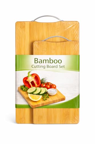 SKY-TOUCH 2 Size Bamboo Cutting Boards Set Chopping Boards with Handle Non-Slip Wooden Double-Side Using for Meat Cheese Fruits & Bread 34x24cm and 30x20cm Wood Yellow
