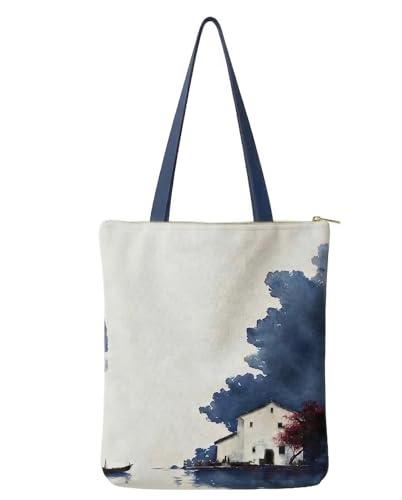 Image of Canvas Tote Bag with Zipper for Women| Inside Pocket | Cotton College Shoulder Bag | Stylish Travel Sling & Handbag for Daily Use | Cotton Canvas Fabric