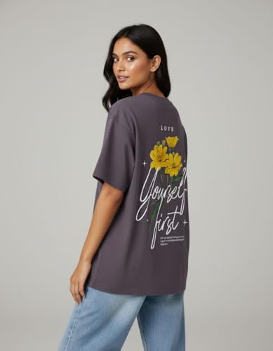 Image of Oversized Cotton T-Shirt for Women Half Sleeve - Love Yourself First Printed Tee - Breathable Loose Fit Motivational Casual Wear for College and Daily Outfits