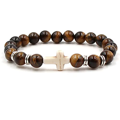Bracelet de perles pour hommes en oeil de tigre avec croix pour look chic
