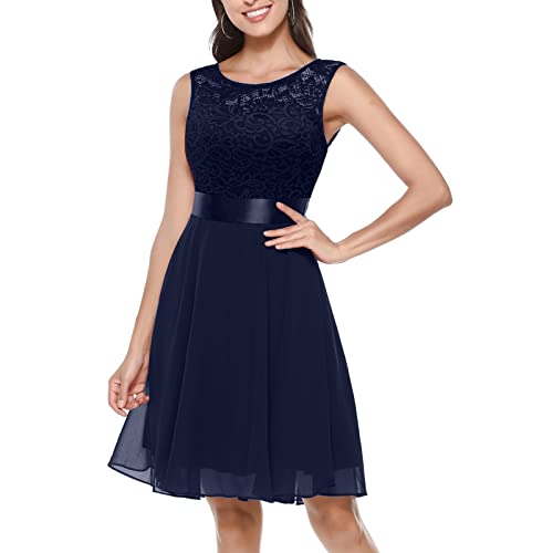Damen Spitzenkleid Brautjungfer Elegant Party Knielang...