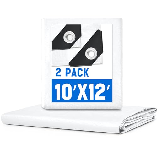 Image of 2 Pack White Tarps 10 x 12 ft, 5.5 Mil Heavy Duty Waterproof Tarp, Multipurpose Shade Tarp for Patio, Swimming Pools, Boats, Camping, Courtyards, Sun Shade & Outdoor Protection Cover