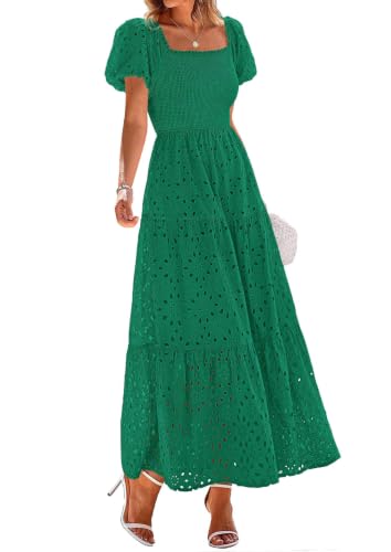 Image of PRETTYGARDEN Summer Dresses for Women 2026 Eyelet Square Neck Puff Sleeve Smocked Wedding Guest Maxi Dress with Pockets