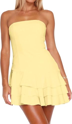 Navonta Womens Summer Sexy Strapless Tube Dress Flowy Ruffle Layer